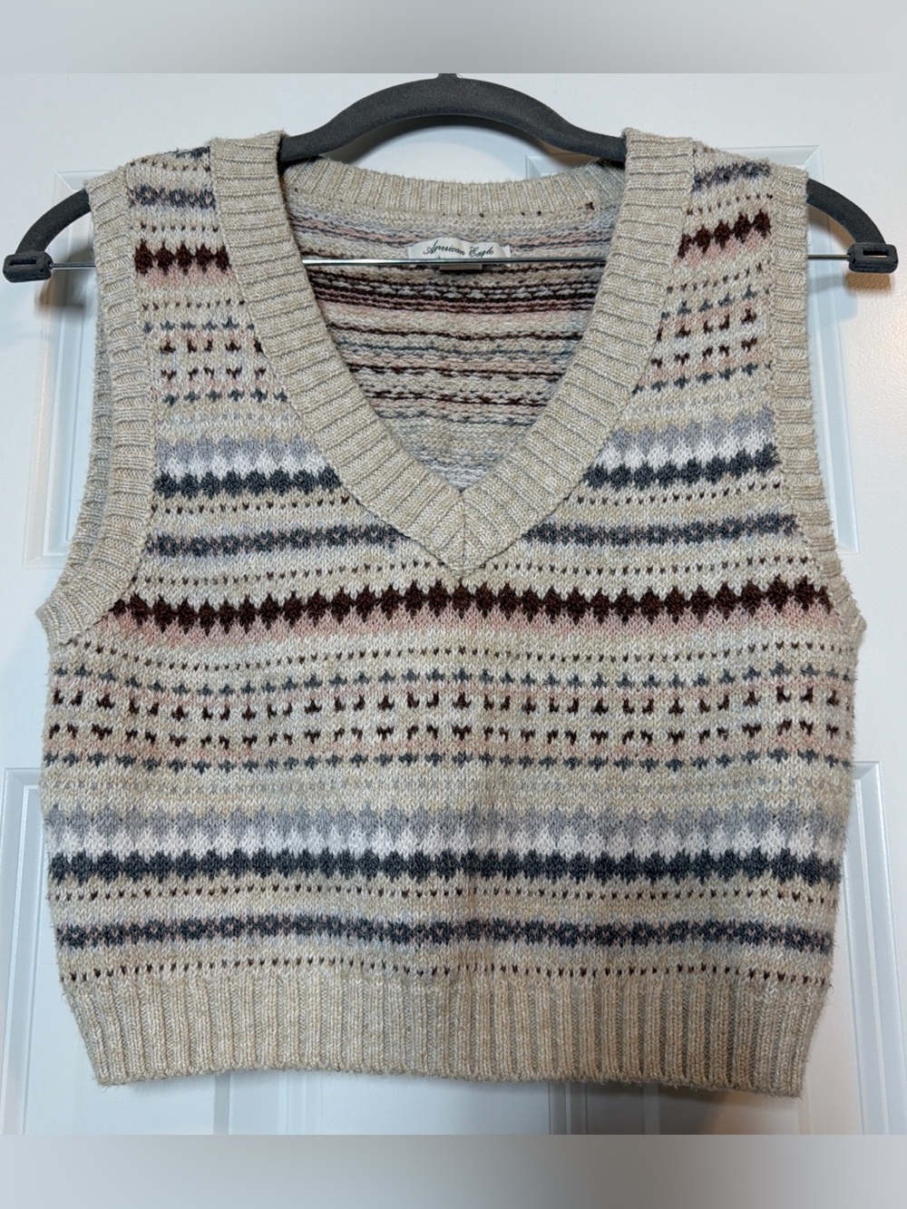 American Eagle Cream Knit Sweater Vest with Brown & Gray Stripes